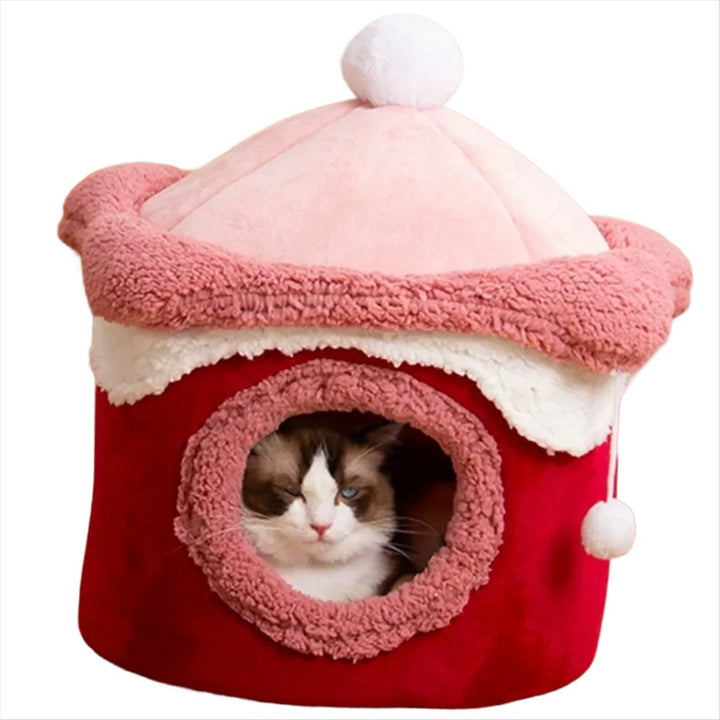 Cat Dog House Cave Warm Winter Deep Sleep Pet Nest Geometric Ice Cream House Fun Comfort Nest for Small Red 40x40cm