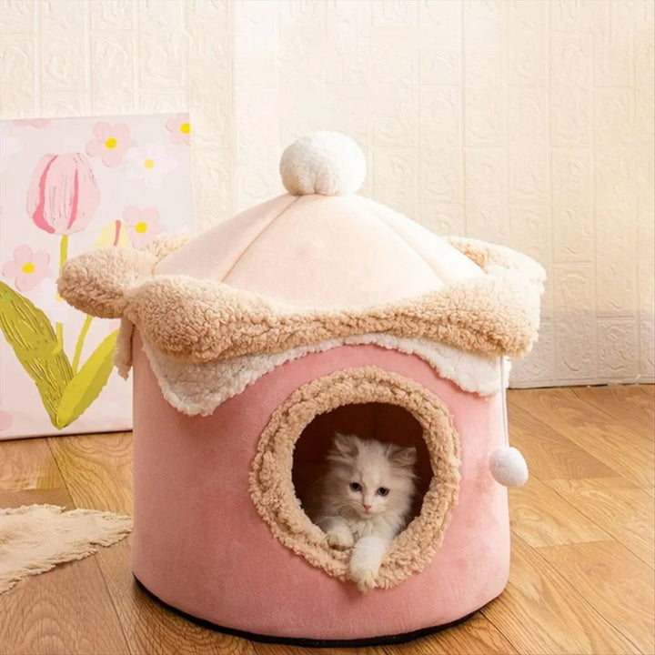 Cat Dog House Cave Warm Winter Deep Sleep Pet Nest Geometric Ice Cream House Fun Comfort Nest for Small Red 40x40cm