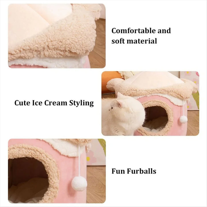 Cat Dog House Cave Warm Winter Deep Sleep Pet Nest Geometric Ice Cream House Fun Comfort Nest for Small Red 40x40cm