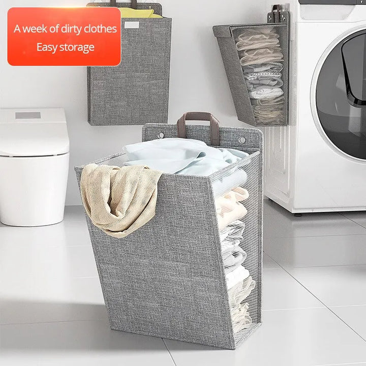 1pc Foldable Adhesive Laundry Basket Hamper, Multifunctional Punch Free Wall Hanging Washing Clothes Mesh Hook Organizer