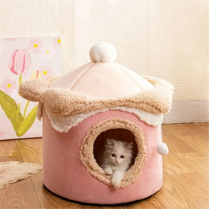 Cat Dog House Cave Warm Winter Deep Sleep Pet Nest Geometric Ice Cream House Fun Comfort Nest for Small Red 40x40cm