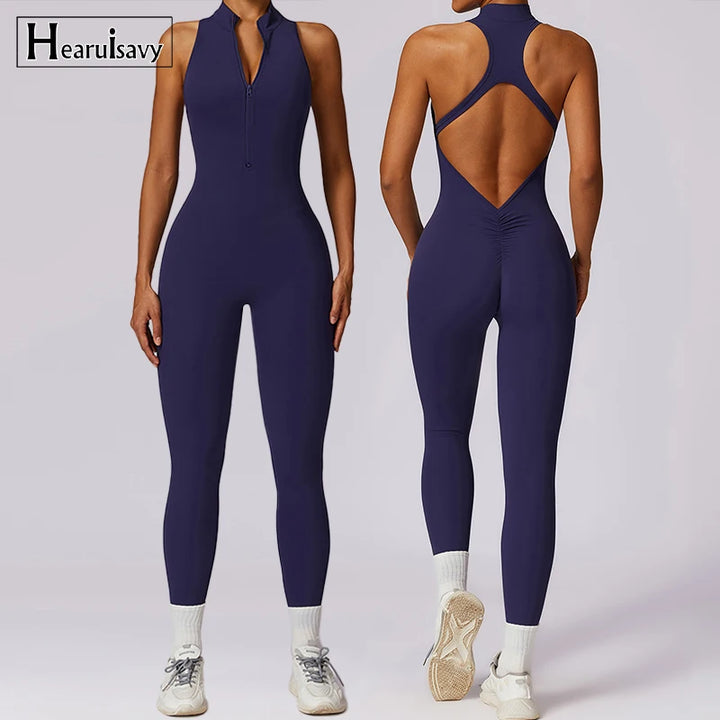 V Back One-piece Suit Women Sports Jumpsuit  Zippers Yoga Rompers Backless Spotswear Women Sleeveles Workout Bodysuits Female