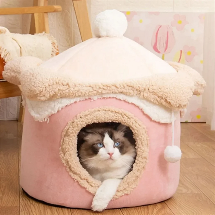 Cat Dog House Cave Warm Winter Deep Sleep Pet Nest Geometric Ice Cream House Fun Comfort Nest for Small Red 40x40cm