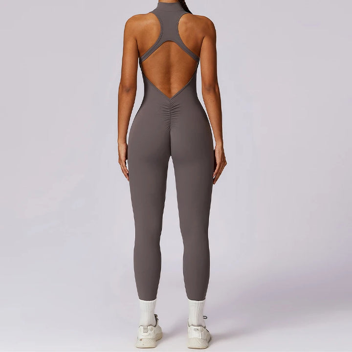 V Back One-piece Suit Women Sports Jumpsuit  Zippers Yoga Rompers Backless Spotswear Women Sleeveles Workout Bodysuits Female